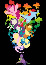 Size: 905x1280 | Tagged: safe, artist:dawnallies, derpibooru import, applejack, fluttershy, pinkie pie, rainbow dash, rarity, spike, twilight sparkle, dragon, earth pony, pegasus, pony, unicorn, black background, clothes, element of generosity, element of honesty, element of kindness, element of laughter, element of loyalty, element of magic, lineless, mane seven, mane six, minimalist, modern art, shirt design, simple background, t-shirt