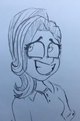 Size: 849x1280 | Tagged: safe, artist:smogslog, starlight glimmer, human, female, grin, humanized, looking away, nervous, nervous grin, polo shirt, simple background, sketch, smiling, solo, traditional art, white background