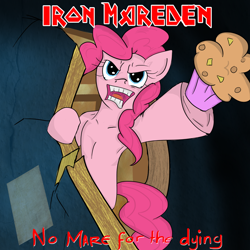 Size: 3400x3400 | Tagged: safe, artist:pentagrin, pinkie pie, earth pony, pony, album cover, heavy metal, iron maiden, parody