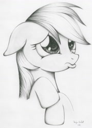 Size: 1999x2785 | Tagged: safe, artist:ayzuki, derpibooru import, rainbow dash, pegasus, pony, bust, detailed, female, floppy ears, grayscale, monochrome, portrait, pouting, sad, scrunchy face, solo, traditional art