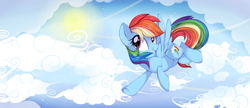 Size: 3000x1293 | Tagged: safe, artist:suzuii, derpibooru import, rainbow dash, pegasus, pony, backwards cutie mark, cloud, cloudy, solo, spread wings