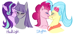 Size: 2300x1057 | Tagged: safe, artist:purplegrim40, maud pie, pinkie pie, princess skystar, starlight glimmer, earth pony, pony, my little pony: the movie, female, lesbian, shipping, skypie, starmaud