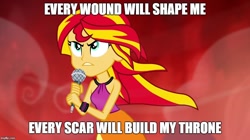 Size: 896x500 | Tagged: safe, sunset shimmer, equestria girls, bring me the horizon, image macro, meme, solo, song reference, throne