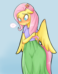 Size: 1006x1280 | Tagged: safe, artist:basketgardevoir, fluttershy, anthro, ambiguous facial structure, ask, blushing, breasts, clothes, delicious flat chest, embarrassed, flattershy, floppy ears, flutterbutt, grin, looking down, nervous, shy, skirt, smiling, solo, spread wings, sweat, tumblr, wide eyes