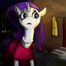 Size: 2500x2500 | Tagged: safe, artist:poniebones, rarity, pony, unicorn, clothes, dress, necklace, running makeup, solo