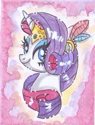 Size: 285x375 | Tagged: safe, artist:dreamscapevalley, rarity, pony, unicorn, bedroom eyes, bust, feather, female, horn ring, jewelry, looking at you, mare, portrait, smiling, solo, tiara, traditional art