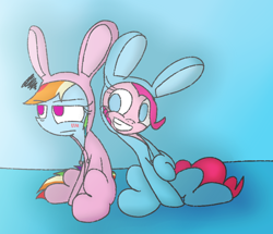 Size: 850x731 | Tagged: safe, artist:mr. rottson, derpibooru import, pinkie pie, rainbow dash, earth pony, pegasus, pony, rabbit, animal costume, blushing, bunny costume, bunny pajamas, clothes