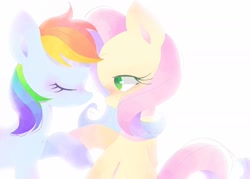 Size: 2026x1447 | Tagged: safe, artist:1drfl_world_end, derpibooru import, fluttershy, rainbow dash, pegasus, pony, blushing, color porn, eyes closed, female, flutterdash, lesbian, mare, shipping, simple background, white background