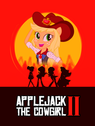 Size: 1500x2000 | Tagged: safe, edit, applejack, fluttershy, sci-twi, starlight glimmer, sunset shimmer, twilight sparkle, dance magic, equestria girls, spoiler:eqg specials, beautiful, cowboy hat, cowgirl, cute, game cover, hat, jackabetes, parody, red dead redemption 2, silhouette, stetson, sunset, woman