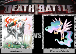 Size: 900x644 | Tagged: safe, princess celestia, alicorn, pony, amaterasu, death battle, exploitable meme, meme, okami