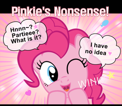 Size: 1600x1400 | Tagged: safe, artist:s.guri, pinkie pie, earth pony, pony, americano exodus, cute, denial, happy, heart, looking at you, open mouth, parody, smiling, solo, stars, uvula, vector, wink