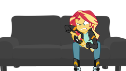 Size: 2560x1440 | Tagged: safe, artist:ngrycritic, sunset shimmer, better together, equestria girls, game stream, angry, boots, clothes, controller, gamer, jacket, leather jacket, pants, shoes, simple background, sofa, solo, transparent background