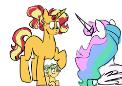 Size: 512x360 | Tagged: safe, artist:ficklepickle9421, princess celestia, sunset shimmer, oc, oc:daybreak sparkla, alicorn, pony, series:sunlightsentry weekly, biglestia, offspring, parent:flash sentry, parent:sunset shimmer, parents:flashimmer, scared