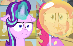 Size: 1724x1080 | Tagged: safe, edit, edited screencap, screencap, pinkie pie, starlight glimmer, equestria girls, equestria girls (movie), marks for effort, 2013, balloon, blowing, blowing up balloons, comparison, faic, glowing horn, i mean i see, meme