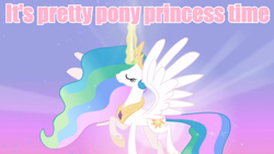 Size: 640x360 | Tagged: safe, princess celestia, alicorn, pony, image macro, meme, pink text, solo