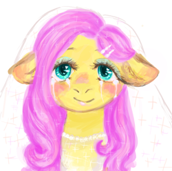 Size: 1000x993 | Tagged: safe, artist:pacze, fluttershy, pegasus, pony, blushing, clothes, crying, dress, solo, wedding dress