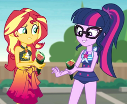 Size: 1140x930 | Tagged: safe, screencap, sci-twi, sunset shimmer, twilight sparkle, better together, equestria girls, x marks the spot, bikini, clothes, cropped, duo, duo female, female, food, midriff, sarong, sushi, swimsuit