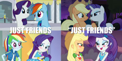 Size: 2160x1080 | Tagged: safe, derpibooru import, edit, edited screencap, screencap, applejack, rainbow dash, rarity, earth pony, pony, a fine line, better together, equestria girls, made in manehattan, rarity investigates, rollercoaster of friendship, best friends, blushing, caption, comparison, context is for the weak, duo, female, geode of shielding, geode of super strength, just friends, out of context, shipping fuel