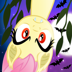 Size: 800x800 | Tagged: safe, artist:pixelkitties, fluttershy, bat, fangs, flutterbat, looking at you, moon, solo, upside down