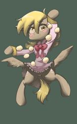 Size: 1200x1920 | Tagged: safe, artist:yajima, derpy hooves, pegasus, pony, blushing, butt wings, clothes, dress, female, mare, neck bow, pose, ribbon, simple background, solo