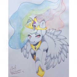 Size: 1464x1464 | Tagged: safe, artist:theanimal-da, princess celestia, alicorn, pony, looking at you, simple background, solo, traditional art