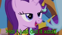 Size: 1920x1080 | Tagged: safe, edit, edited screencap, screencap, starlight glimmer, pony, unicorn, road to friendship, caption, greentext, image macro, lidded eyes, meme, solo, text, totally legit recap, youtube link