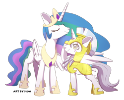 Size: 600x484 | Tagged: safe, artist:sion, princess celestia, oc, oc:silver sickle, alicorn, pony, eyes closed, hug, salute, scar, silvestia, simple background, smiling, transparent background, winghug