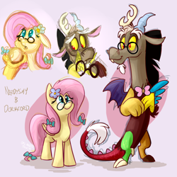 Size: 1200x1200 | Tagged: safe, artist:thedoggygal, discord, fluttershy, pegasus, pony, bowtie, cute, discute, glasses