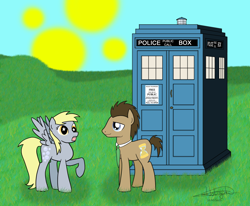 Size: 2032x1672 | Tagged: safe, artist:aurumluxetal, derpy hooves, doctor whooves, pegasus, pony, doctor who, female, mare, starry eyes, tardis, wingding eyes