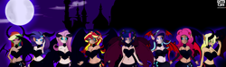 Size: 10000x3000 | Tagged: safe, artist:caoscore, applejack, fluttershy, pinkie pie, rainbow dash, rarity, starlight glimmer, sunset satan, sunset shimmer, twilight sparkle, demon, human, equestria girls, applerack, black sclera, breasts, busty mane six, canterlot, cutie mark clothes, elf ears, glowing eyes, headlight sparkle, hootershy, horns, humane five, humane seven, humane six, humanized, night, pinkie pies, rainboob dash, raritits, starlight jiggler, sunset jiggler