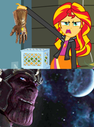 Size: 606x818 | Tagged: safe, edit, edited screencap, screencap, sunset shimmer, equestria girls, equestria girls (movie), edit:theanimefanz, exploitable meme, infinity gauntlet, marvel, marvel cinematic universe, meme, sunset is disgusted, thanos