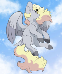 Size: 1024x1229 | Tagged: safe, artist:scarletskitty12, derpy hooves, pegasus, pony, chest fluff, ear fluff, female, flying, mare, solo, tail feathers