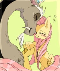 Size: 428x511 | Tagged: safe, artist:pasikon, discord, fluttershy, pegasus, pony, blushing, cute, discoshy, eyes closed, female, male, pixiv, shipping, straight, underhoof