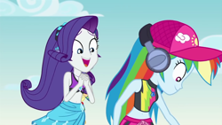 Size: 1280x720 | Tagged: safe, derpibooru import, screencap, rainbow dash, rarity, better together, equestria girls, lost and found, belly button, cute, duo, duo female, female, geode of shielding, geode of super speed, hat, headphones, huggable, magical geodes, raribetes