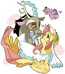 Size: 520x592 | Tagged: safe, artist:pasikon, discord, fluttershy, screwball, pegasus, pony, bride, discoshy, female, male, pixiv, shipping, straight