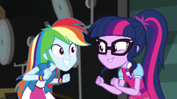 Size: 1280x718 | Tagged: safe, derpibooru import, screencap, rainbow dash, sci-twi, twilight sparkle, equestria girls, movie magic, spoiler:eqg specials, excited, female, geode of telekinesis, glasses, smiling