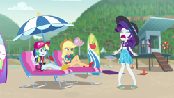 Size: 1280x720 | Tagged: safe, derpibooru import, screencap, applejack, rainbow dash, rarity, better together, equestria girls, lost and found, clothes, geode of shielding, geode of super speed, geode of super strength, magical geodes, swimsuit