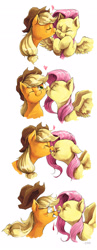 Size: 1359x3507 | Tagged: safe, artist:audrarius, applejack, fluttershy, earth pony, pegasus, pony, bats!, appleshy, biting, blood, comic, eyes closed, fangs, female, floppy ears, flutterbat, gritted teeth, hat, heart, kissing, lesbian, mare, ouch, shipping, smiling, wide eyes, wink