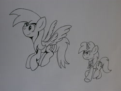 Size: 3968x2976 | Tagged: safe, artist:bigmackintosh, derpy hooves, dinky hooves, pegasus, pony, female, mare, monochrome, mother and child, mother and daughter, parent and child, traditional art