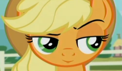 Size: 1127x660 | Tagged: safe, applejack, earth pony, pony, three's a crowd, inverted mouth, solo, unconvinced applejack, wrong aspect ratio