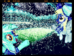 Size: 792x601 | Tagged: artist needed, safe, derpy hooves, lyra heartstrings, pegasus, pony, celebration, cheering, clothes, confetti, face paint, fans, female, fireworks, instagram, mare, night, scarf, sports, stadium