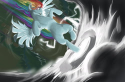 Size: 1920x1260 | Tagged: safe, artist:doomsp0rk, derpibooru import, rainbow dash, pegasus, pony, cloud busting, kicking, solo