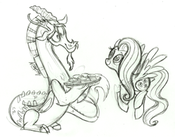 Size: 2065x1616 | Tagged: safe, artist:fillyblue, discord, fluttershy, pegasus, pony, discoshy, female, male, monochrome, shipping, straight, traditional art