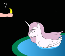 Size: 1400x1200 | Tagged: safe, artist:stoopedhooy, derpibooru exclusive, princess celestia, alicorn, duck pony, human, pony, banana, food, hand, offscreen character, princess molestia, question mark, swanlestia, swimming, water