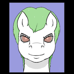 Size: 391x391 | Tagged: safe, artist:stoopedhooy, oc, oc only, alien, ambiguous gender, bust, digital art, face, fanart, floran, frown, green mane, looking at you, lowres, morph, plant, ponified, portrait, short hair, short mane, simple background, smiling, starbound, white coat