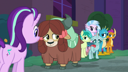 Size: 1280x720 | Tagged: safe, screencap, gallus, ocellus, sandbar, silverstream, smolder, starlight glimmer, yona, changedling, changeling, dragon, earth pony, griffon, hippogriff, pony, unicorn, yak, school raze, bow, cloven hooves, dragoness, female, hair bow, male, mare, monkey swings, plot, student six, teenager