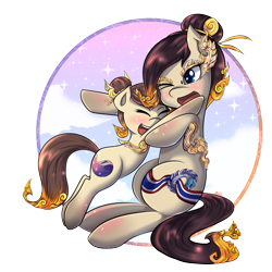 Size: 2048x2048 | Tagged: safe, artist:tikrs007, oc, oc only, oc:mii, oc:siammy, cloud, cute, female, filly, hug, mare, nation ponies, sparkles, thailand