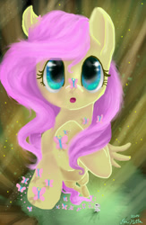 Size: 400x612 | Tagged: safe, artist:thecraftywhitefox, angel bunny, fluttershy, butterfly, pegasus, pony, duo, flying, insect on nose, looking at something, looking up, open mouth, perspective