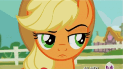 Size: 432x242 | Tagged: safe, edit, edited screencap, screencap, applejack, earth pony, pony, three's a crowd, all new, animated, bust, cropped, disapproval, female, frown, hub logo, hubble, inverted mouth, lidded eyes, mare, raised eyebrow, scene parody, smiling, smirk, solo, suspicious face, text, the hub, unconvinced applejack