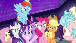 Size: 1280x720 | Tagged: safe, edit, edited screencap, screencap, applejack, cozy glow, fluttershy, pinkie pie, rainbow dash, rarity, starlight glimmer, twilight sparkle, twilight sparkle (alicorn), alicorn, earth pony, pegasus, pony, unicorn, no second prances, school raze, angry, cute, female, filly, freckles, glare, glimmerbetes, happy, looking at each other, mare, one hoof raised, raised hoof, smiling